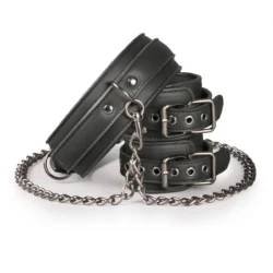 Toys Fetish - Leather Collar With Handcuffs - Black